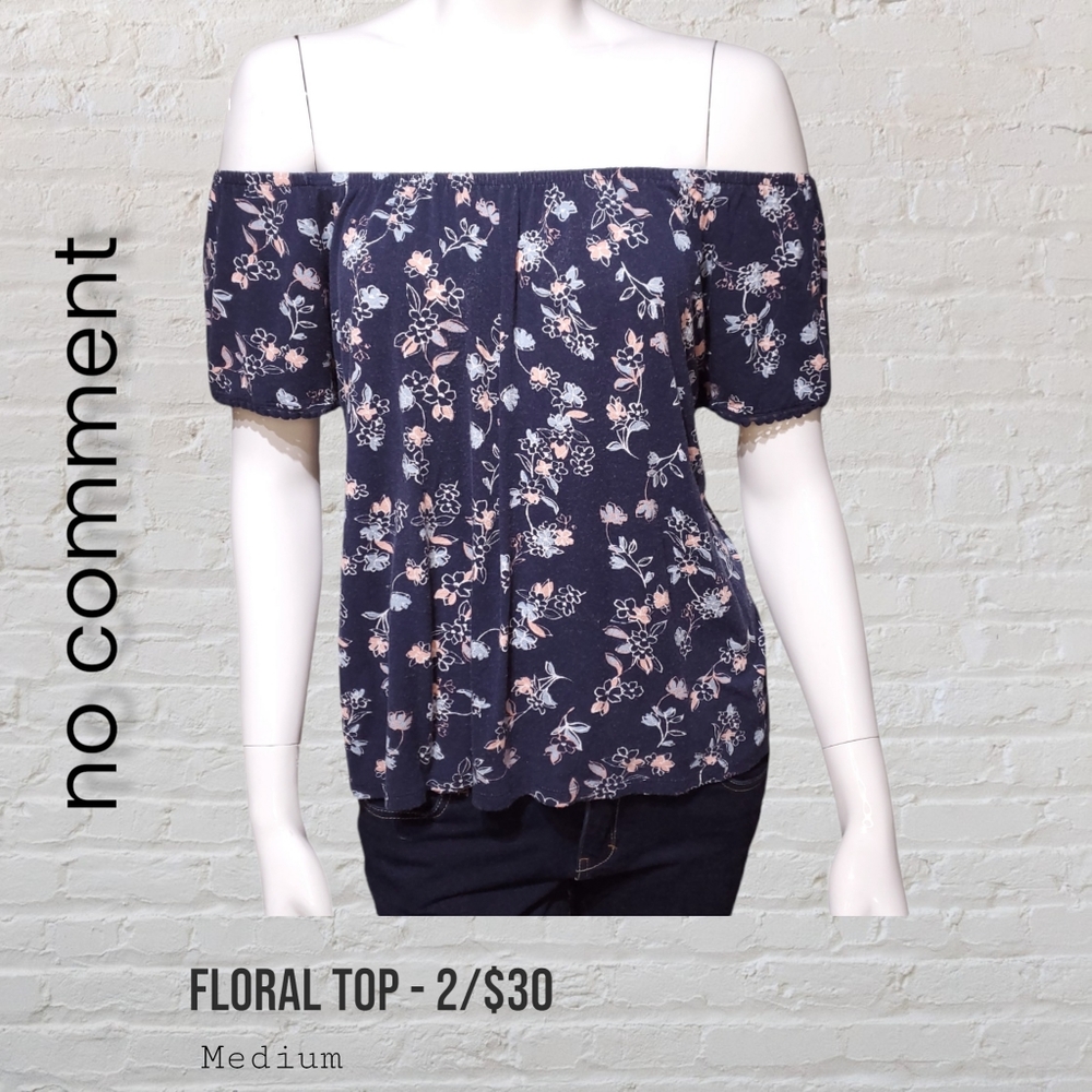 No Comment Floral Off the Shoulder Navy and Pink Top Women's Medium
